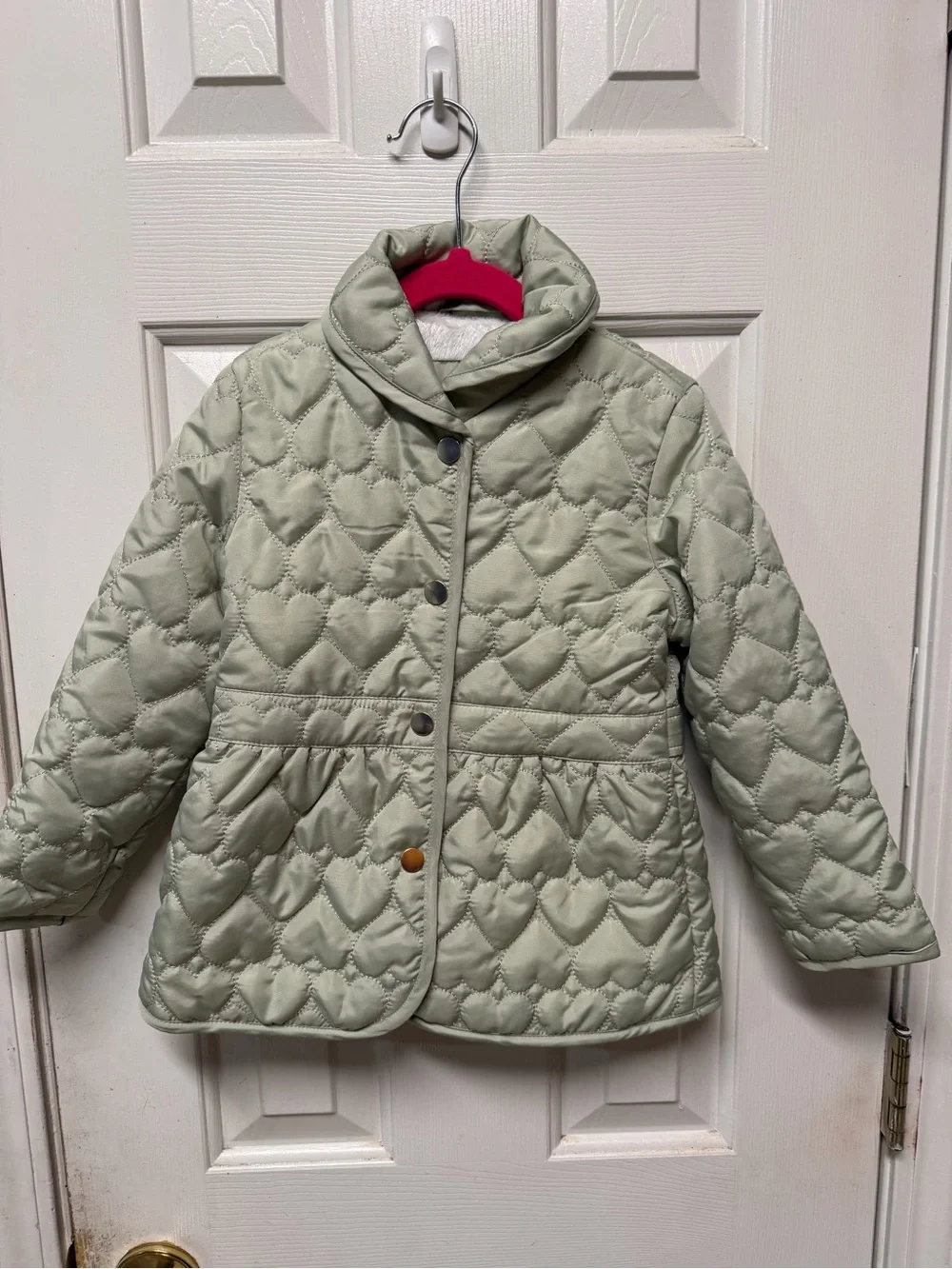 Girls Quilted Heart Puffer Jacket in Light Sage 4T